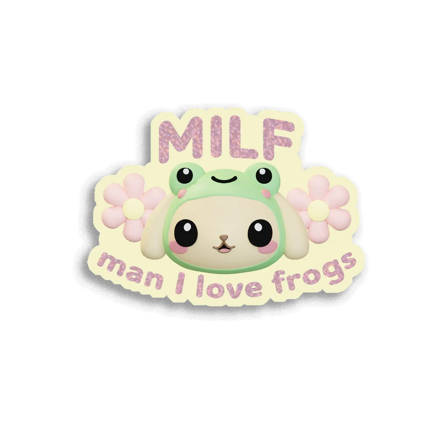 Sticker with a cartoon frog character and text on a white background