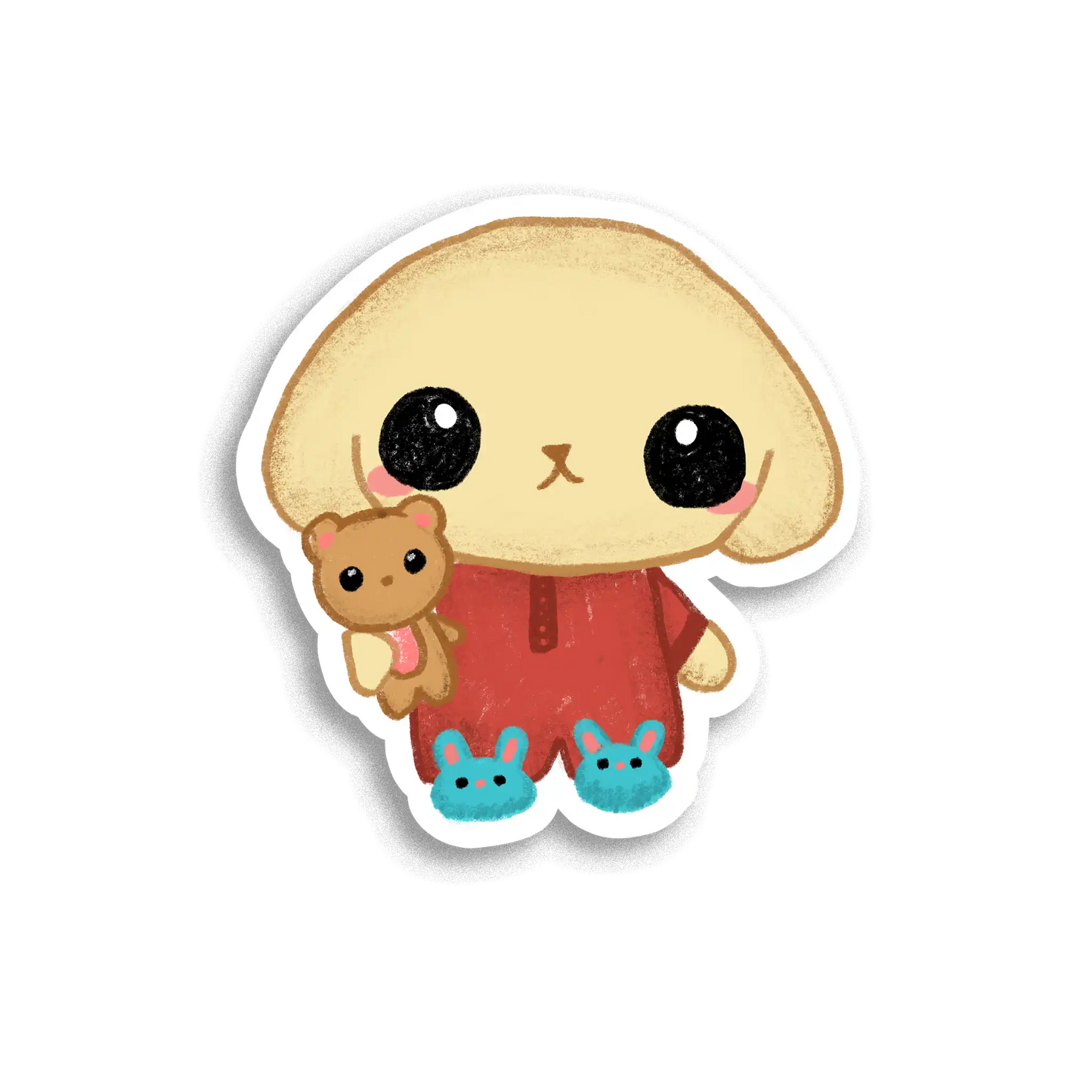 Cartoon character with a bear plushie on a white background
