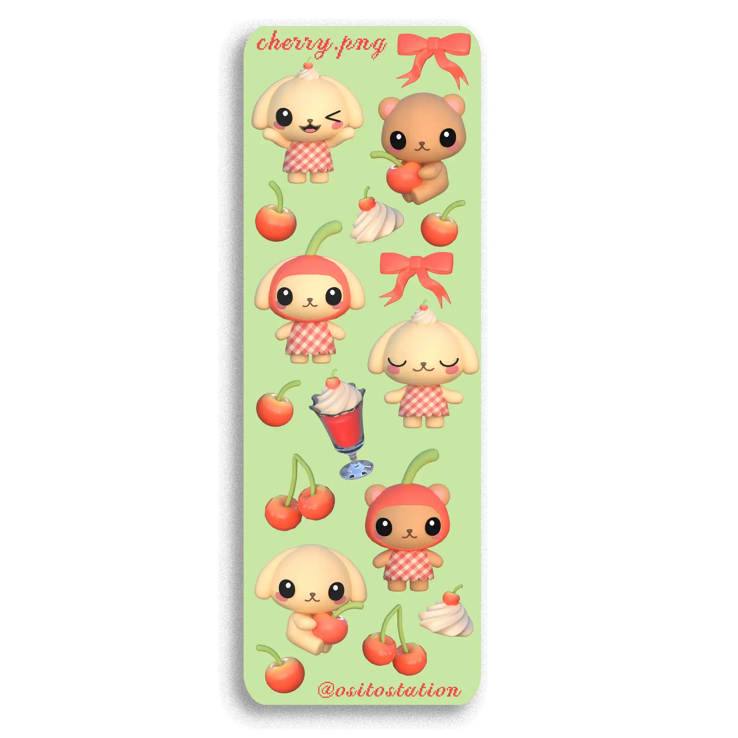 Set of cute cartoon characters with cherries on a green background