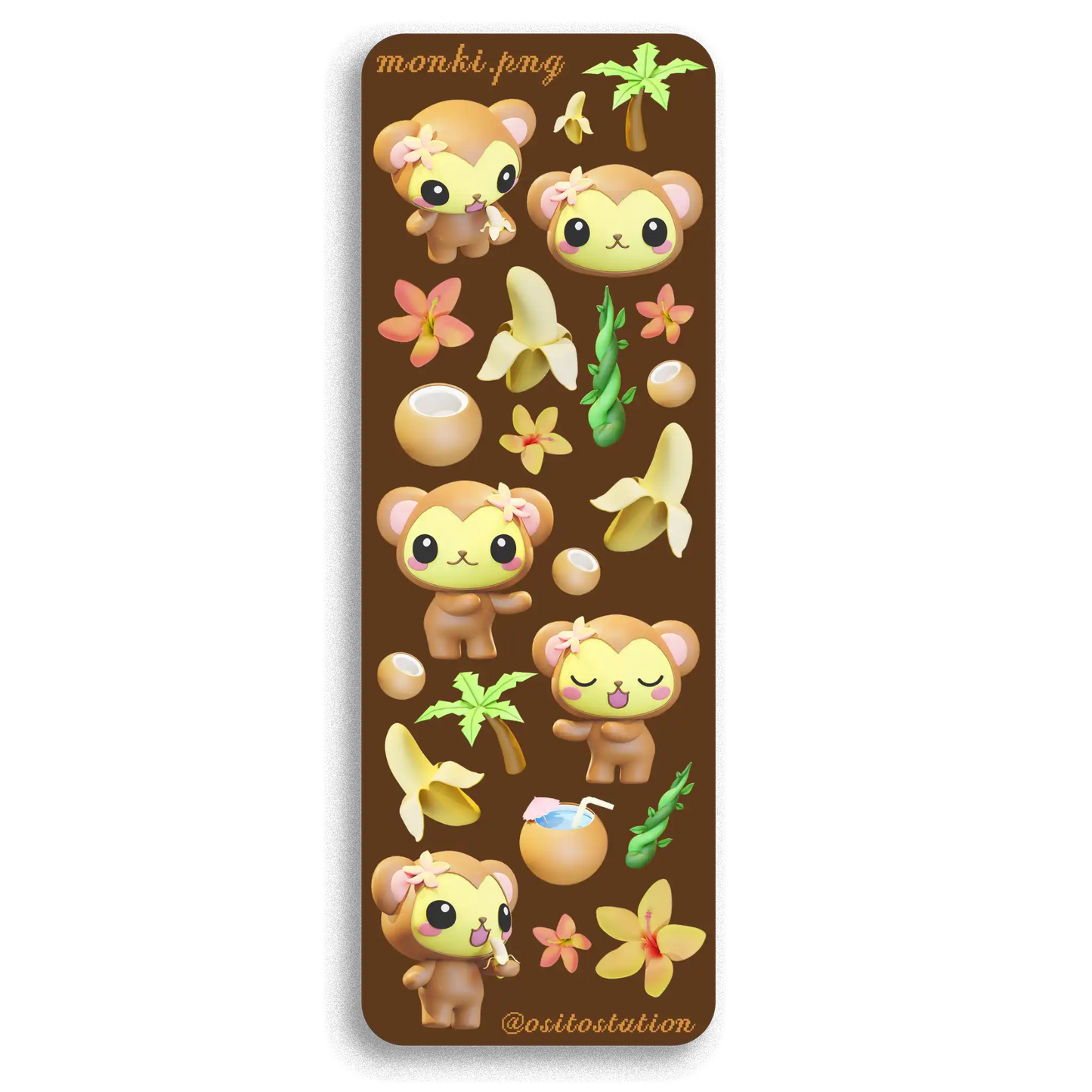 Sticker sheet with cartoon monkey characters and tropical elements on a brown background