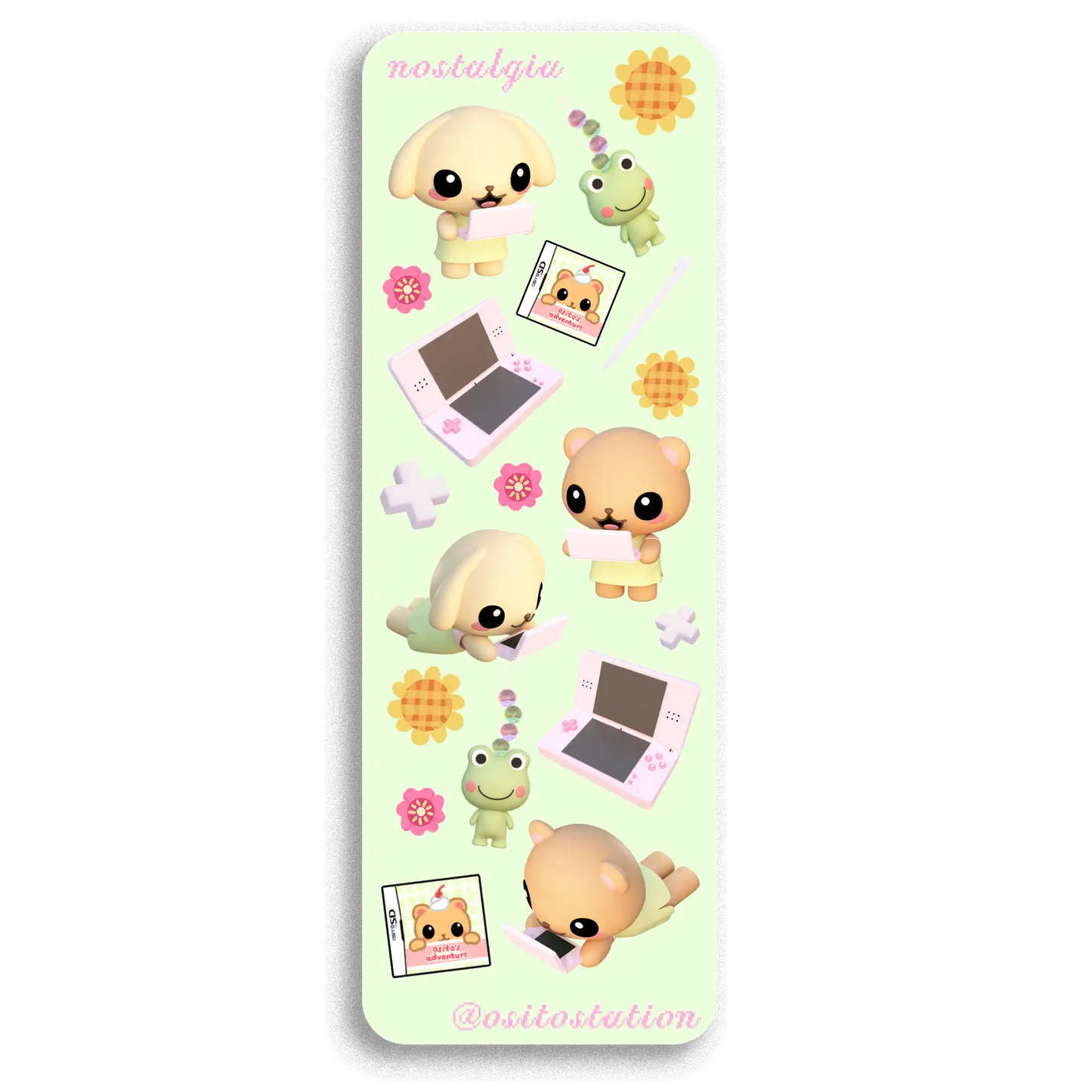 Sticker sheet with cute animal characters and stationery items on a light green background.