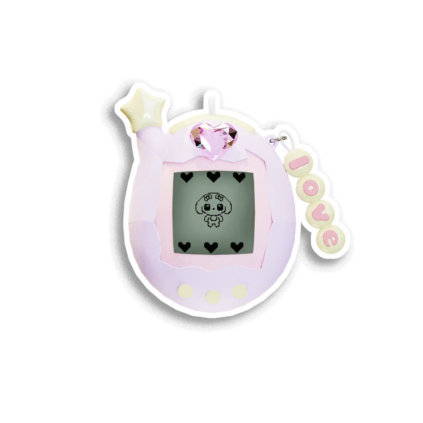 Pastel-colored digital toy with a small screen displaying a character, on a white background.
