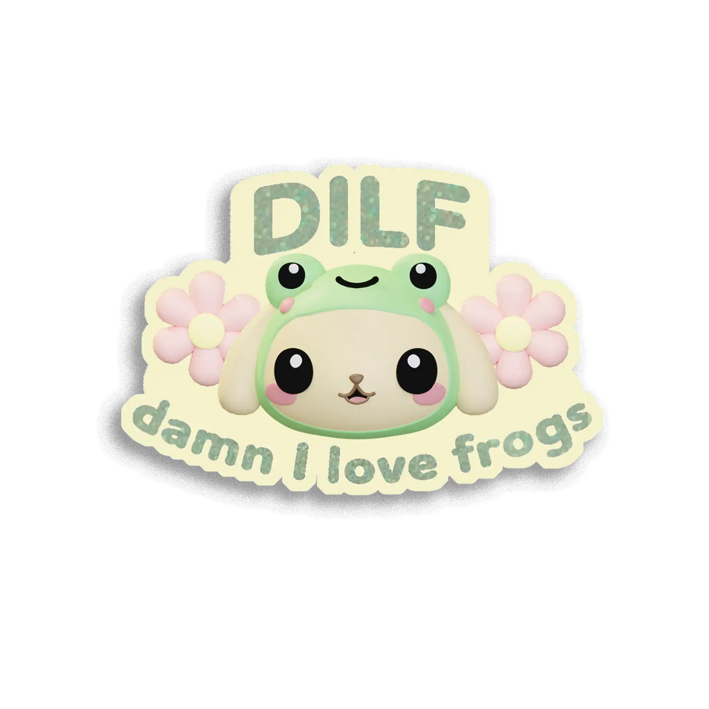 Sticker with a cute frog design and text 'DILF damn I love frogs' on a white background