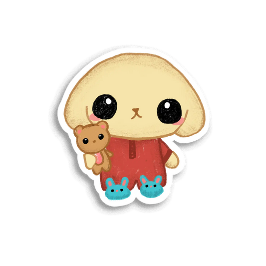 Cartoon character with a bear plushie on a white background