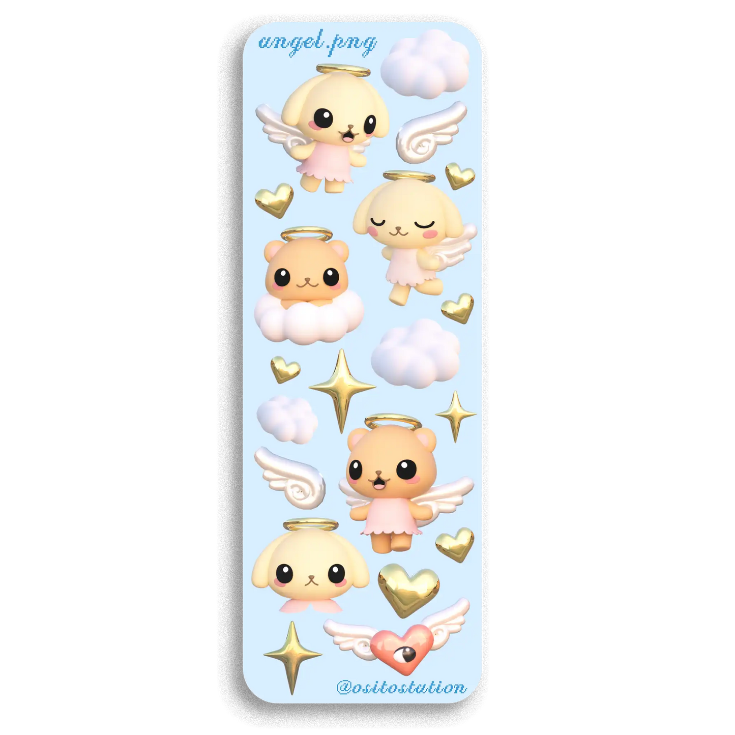 Sheet of cute angel-themed stickers with cartoon characters, hearts, and stars on a blue background.