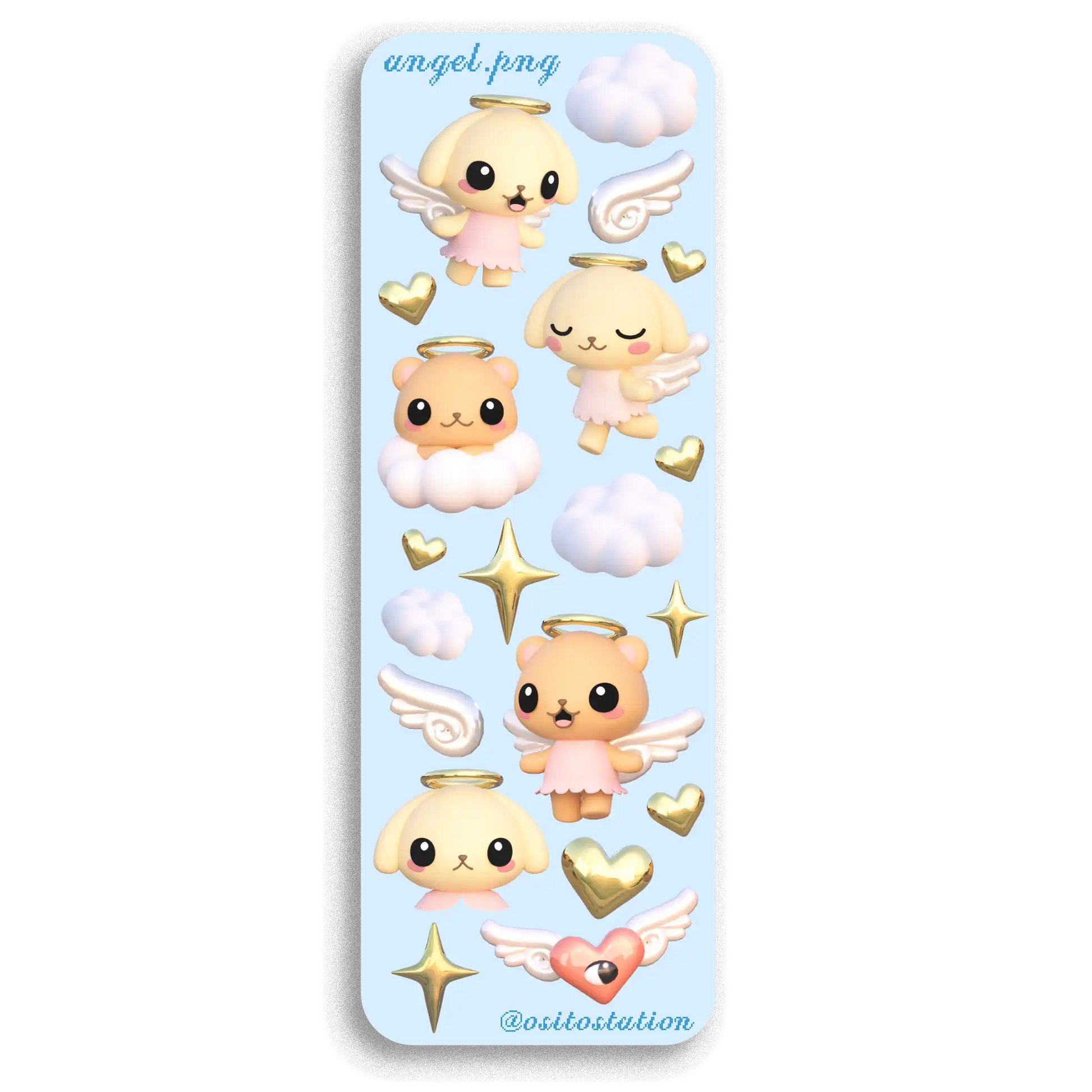 Sheet of cute angel-themed stickers with cartoon characters, hearts, and stars on a blue background.