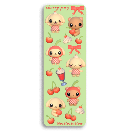 Set of cute cartoon characters with cherries on a green background