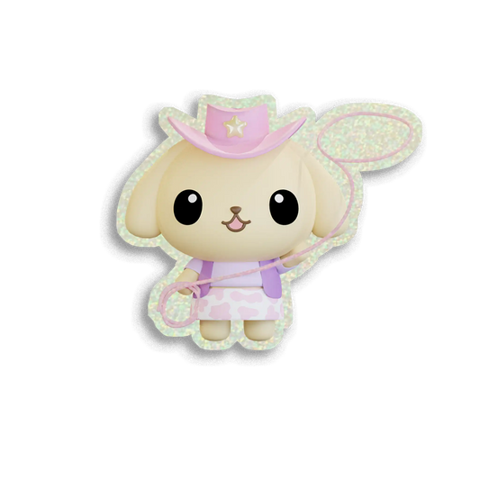 Cute cartoon character with a pink hat and pastel outfit on a white background