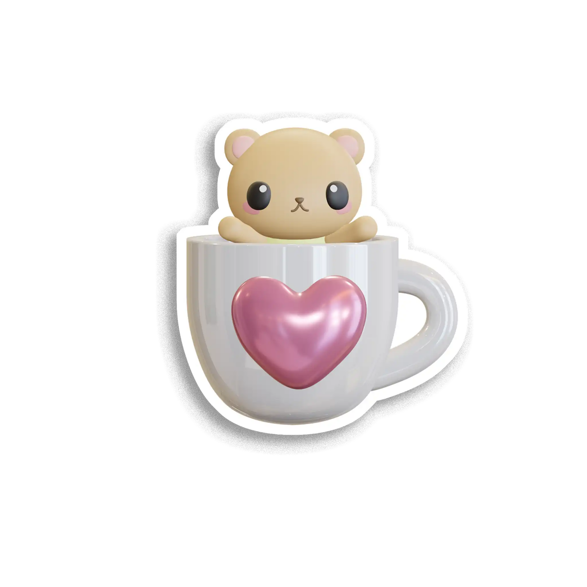 Cute cartoon cat in a coffee cup with a pink heart on a white background