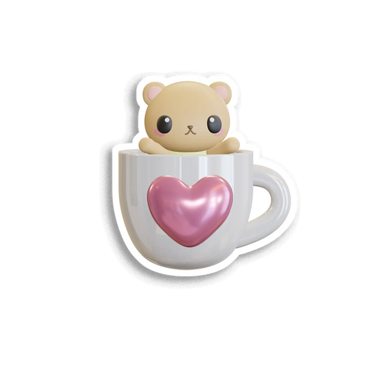 Cute cartoon cat in a coffee cup with a pink heart on a white background