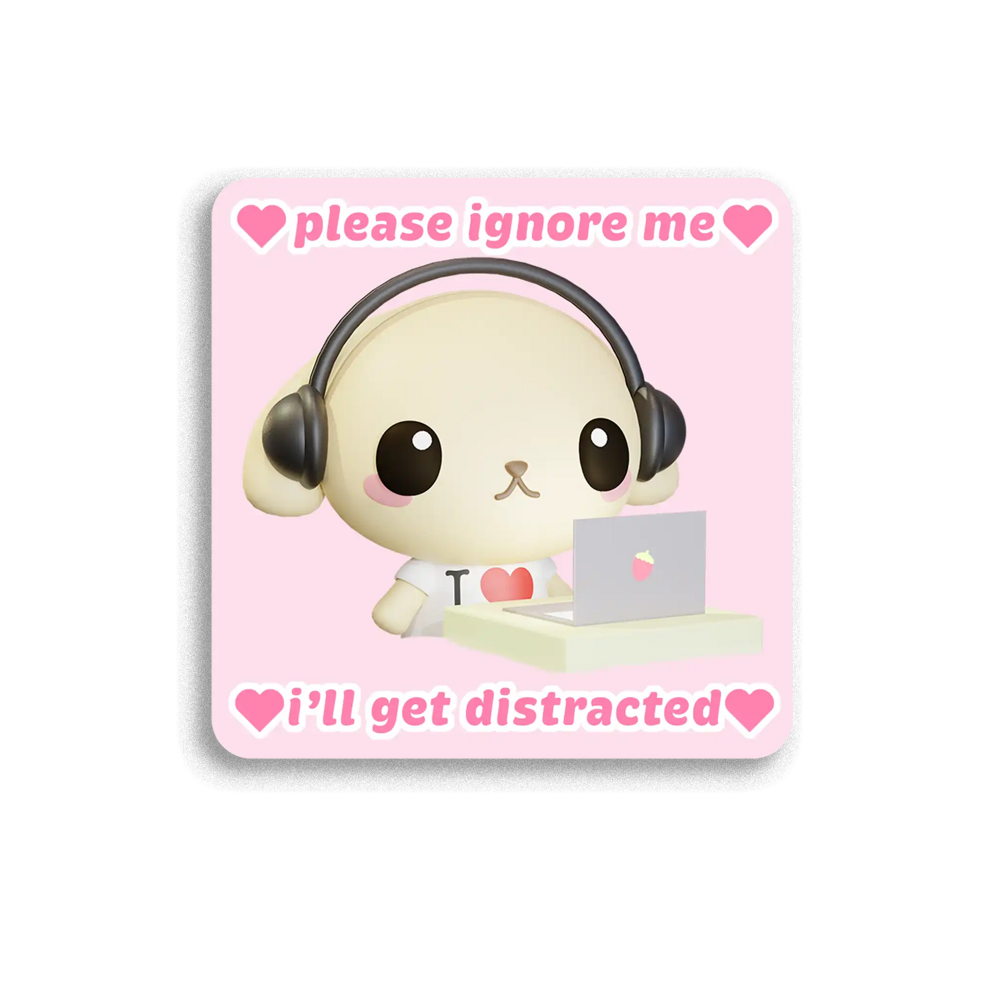 Sticker with a cartoon character wearing headphones and using a laptop on a pink background with text.