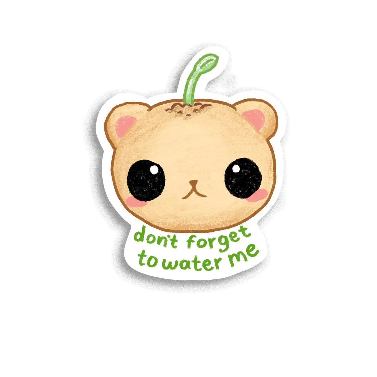 Sticker of a cute cartoon coconut with a green shoot and 'don't forget to water me' text on a white background.