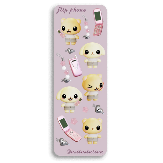 Sticker sheet with cute animal characters and pink flip phone on a light purple background
