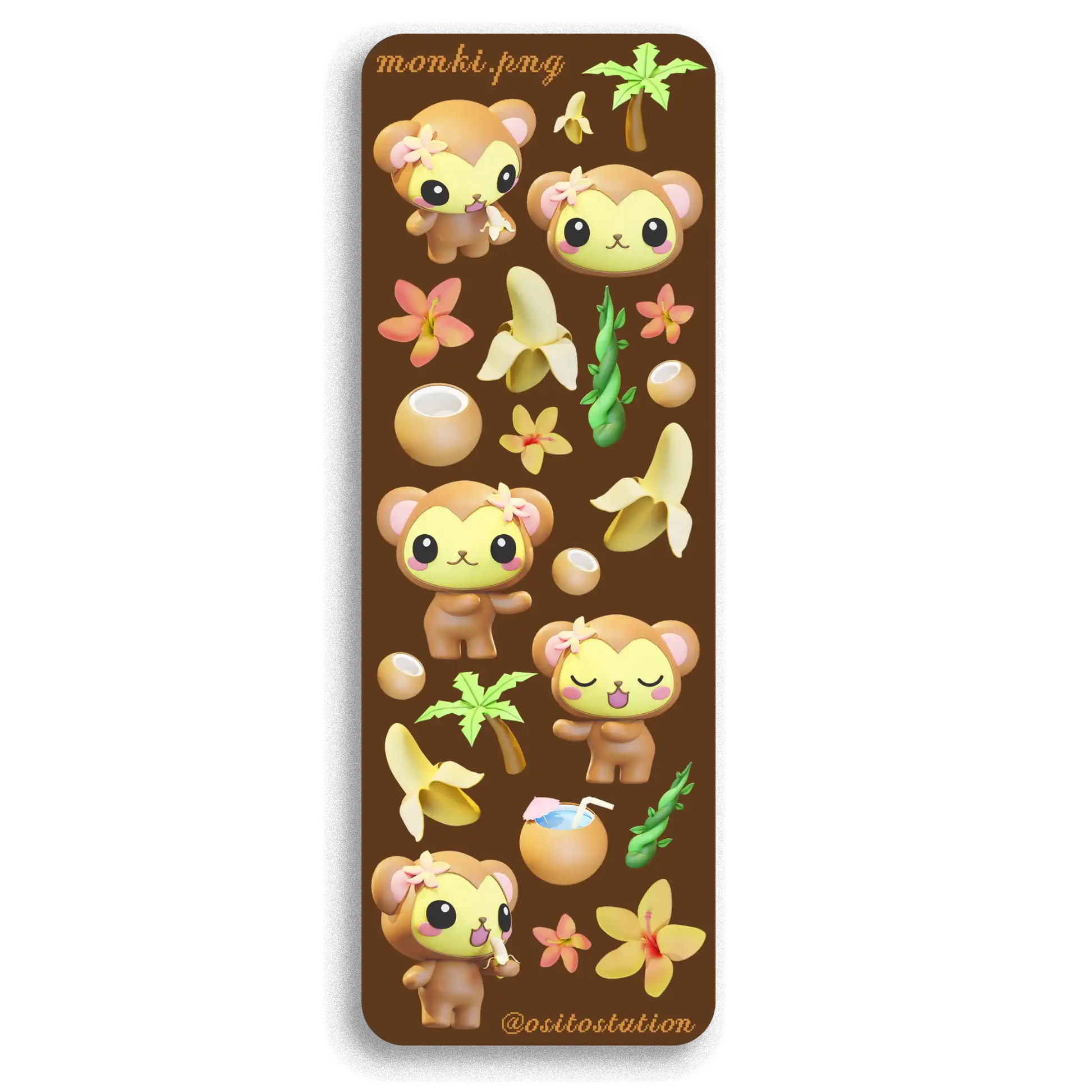 Sticker sheet with cartoon monkey characters and tropical elements on a brown background