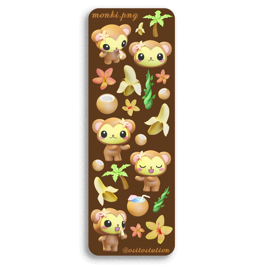 Sticker sheet with cartoon monkey characters and tropical elements on a brown background