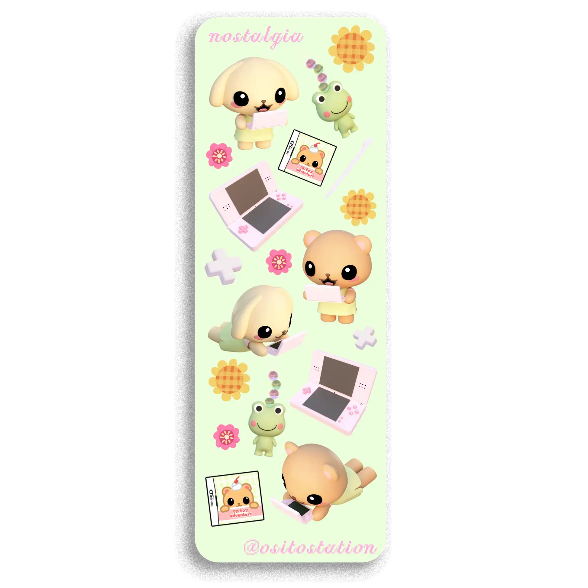 Sticker sheet with cute animal characters and stationery items on a light green background.
