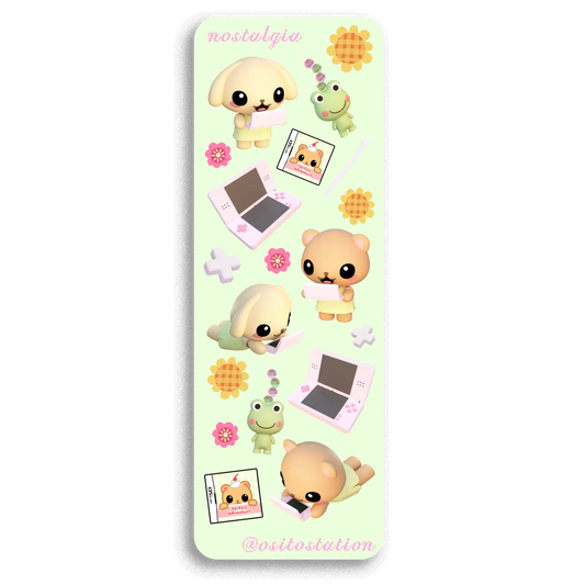 Sticker sheet with cute animal characters and stationery items on a light green background.