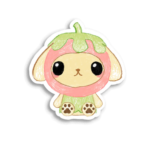 Cute cartoon character in a strawberry costume on a white background