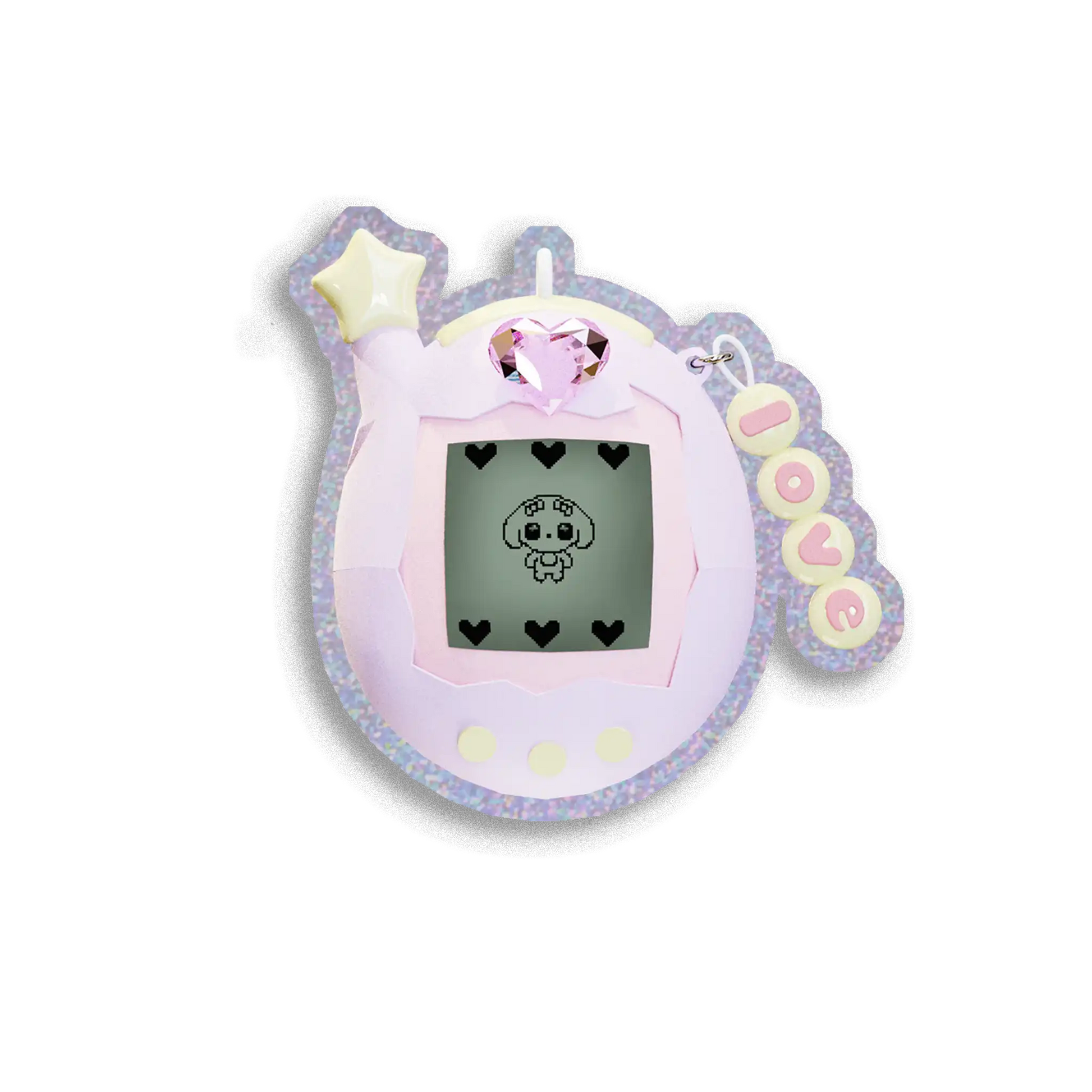 Pastel-colored digital toy with a small screen displaying a character, on a white background