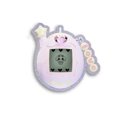 Pastel-colored digital toy with a small screen displaying a character, on a white background