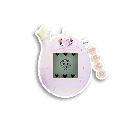 Pastel-colored digital toy with a small screen displaying a character, on a white background.